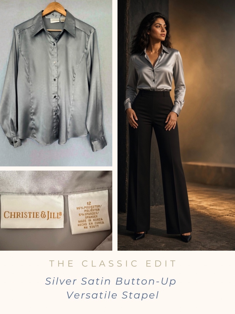Silver Satin Button Up Blouse | Career Holiday | Evening Shirt | Layering